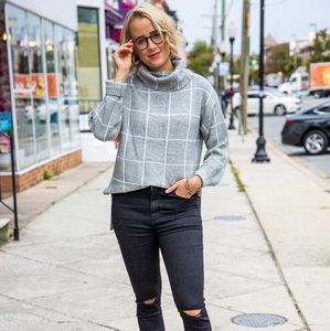 Cowl neck soft plaid sweater